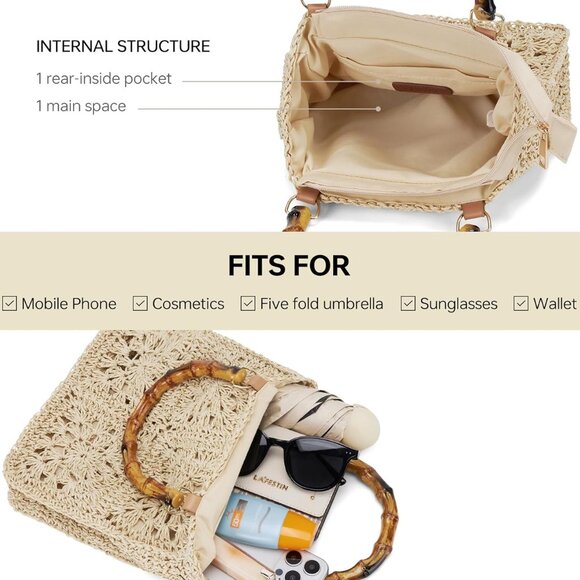 Beach Straw Bag For Women: Large Handbag Cute Purse With Bambo Top Handle For Su - Picture 7 of 7